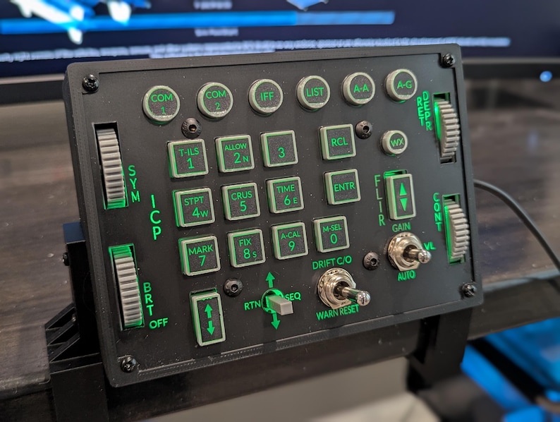 F-16 ICP flight simulation controller with green backlighting