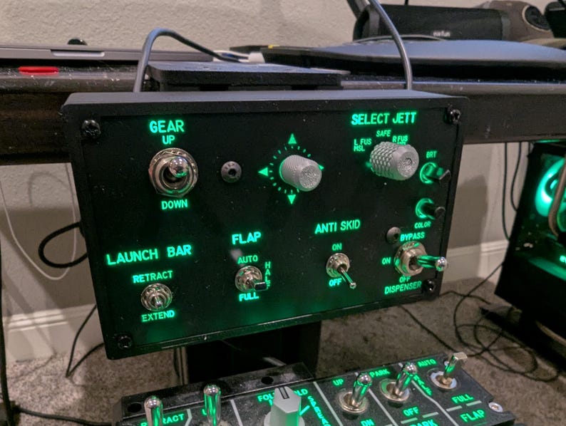 Customizable flight simulation control panel with green backlighting